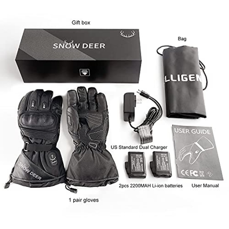 SNOW DEER 가열 오토바이 장갑 - 7.4V 전기 충전식 배터리 방수 장갑 남성 여성, 겨울 자전거 타기 사냥 낚시 스키 타기 전원 장갑