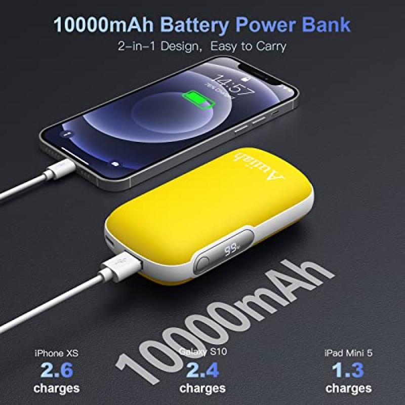 손난로 충전식 10000mAh, USB 전기 손난로 휴대용 보조베터리, 18W 고속 충전, LED 디스플레이, 오래 지속되는 열, 야외 활동, 캠핑, 레이노즈, 여성 남성을 위한 따뜻한 선물에 적합