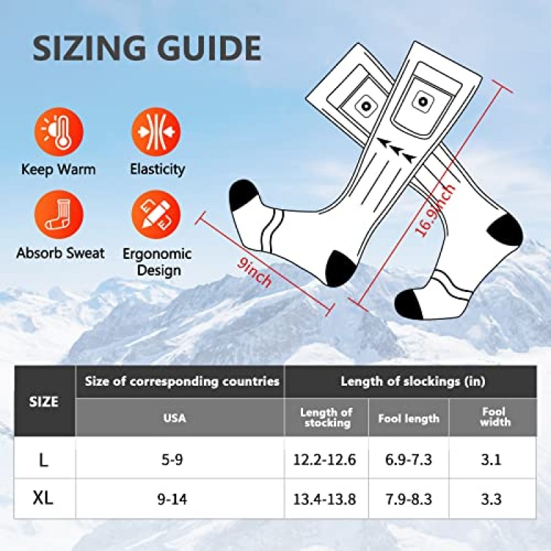 RELIRELIA 충전식 가열 양말, 남성 여성을 위한 5V 5000mAH 배터리 구동 가열 양말, 3가지 열 설정이 있는 전기 양말, 겨울 야외 라이딩 사냥 낚시 온난화 양말