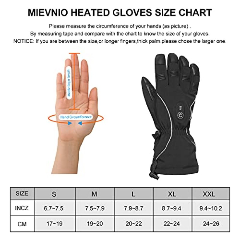 MIEVNIO 가열 장갑 - 충전식 배터리 전기 가열 남성용 여성용 장갑, 방수 보온 장갑 눈 겨울 야외 사이클링, 오토바이, 하이킹 및 스키,블랙