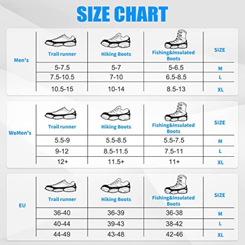 부츠 및 신발용 SHARKMOUTH 아이스 클릿, 남성과 여성을 위한 아이스 스노우 워크 트랙션, 미끄럼 방지 24치아 스테인레스 스틸 스파이크, 조깅 등산 트레킹 또는 하이킹을 위한 안전 보호 크램폰