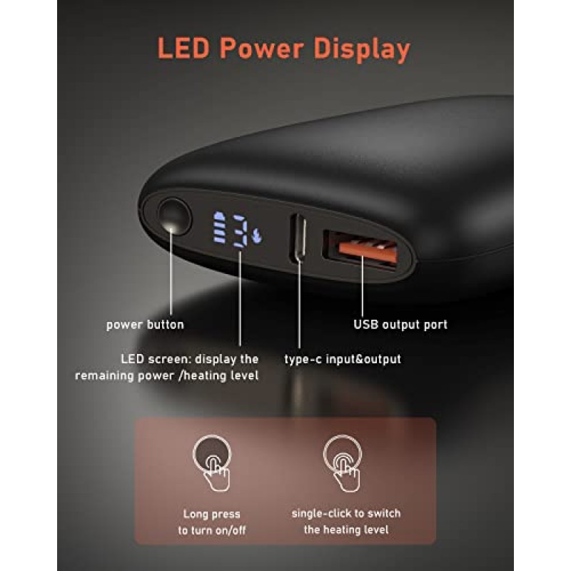 TriPole 충전식 손난로 10000mAh, 고속 충전 전기 손난로 휴대용 보조베터리 포켓 손난로 재사용 가능, 3단계 6-15H 난방 USB 손난로 히터 남성 여성 겨울 선물