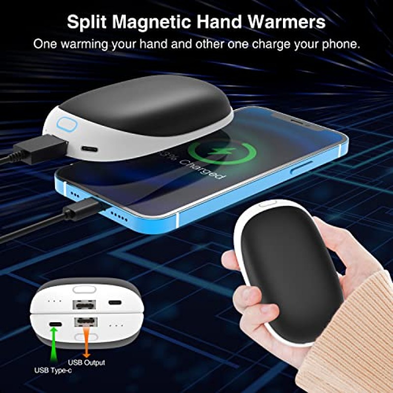 Howoten 손난로 충전식, 2팩 5000mAh 휴대용 자기 손난로 재사용 가능, 2 in 1 전기 USB 포켓 온열기/전원 은행, 오래 지속되는 핸드 히터 여성 남성을 위한 따뜻한 선물