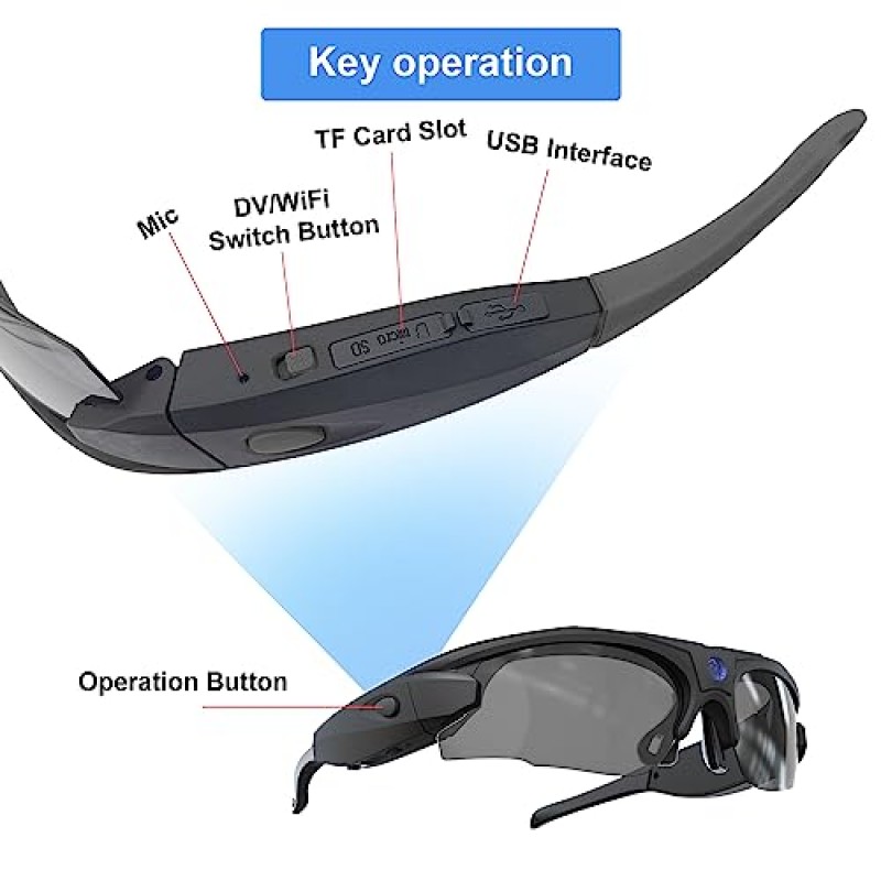 RERBO 카메라 선글라스, 사이클링, 캠핑, 운전, 여행용 편광 UV 400 렌즈가 장착된 WiFi 비디오 안경 HD 1080P(32GB 카드 포함)(검은색)