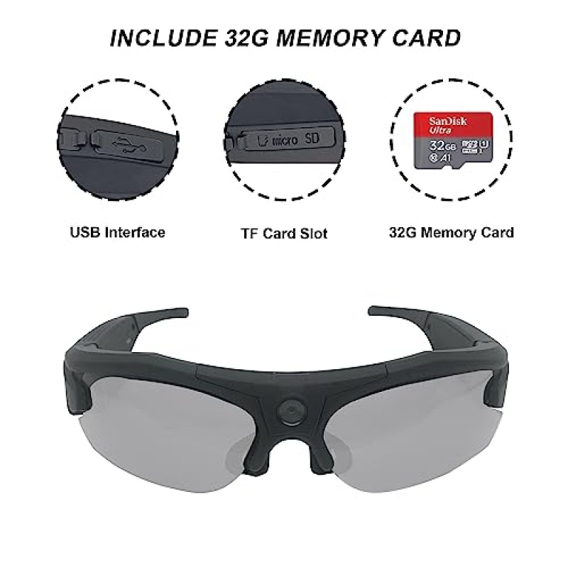RERBO 카메라 선글라스, 사이클링, 캠핑, 운전, 여행용 편광 UV 400 렌즈가 장착된 WiFi 비디오 안경 HD 1080P(32GB 카드 포함)(검은색)