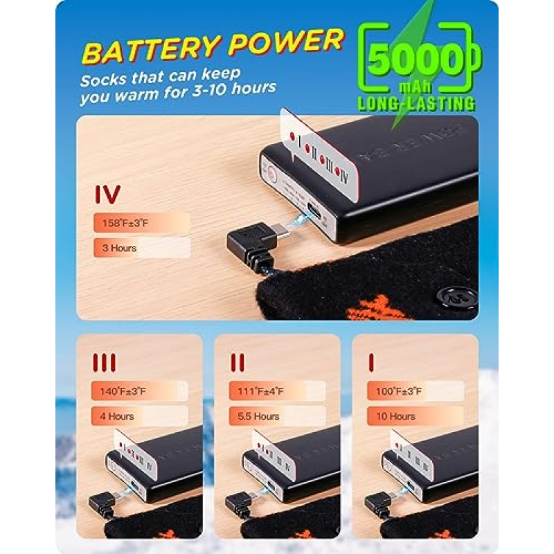 발바닥 전체, 발가락 및 발등을 위한 충전식 가열 양말, 최대 10시간 동안 5000mAh 배터리로 구동되는 따뜻한 양말, 캠핑용 XL 대형 열 가열 양말 여성 및 남성|하이킹|스키|사냥|남녀공용