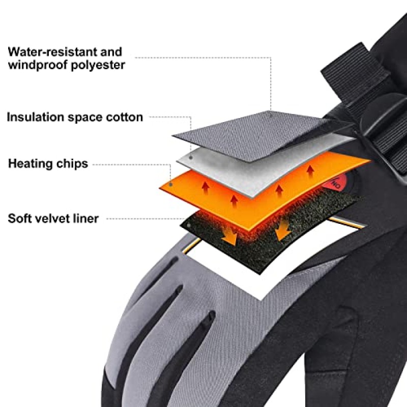 DINSVTA 가열 장갑 전기 배터리 가열 장갑 남성용 충전식 여성용 가열 스키 장갑 방수 터치스크린 7.4V 2200mAh 최대 6.5시간 스키 하이킹 오토바이 캠핑
