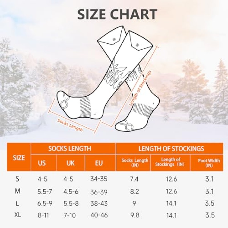 RELIRELIA 가열 양말 남성 여성을 위한 충전식 전기 가열 양말 - 겨울 사냥 스키 캠핑 하이킹을 위한 앱 제어 기능이 있는 5V/5000 mAh 배터리 구동 발 따뜻하게 스타킹