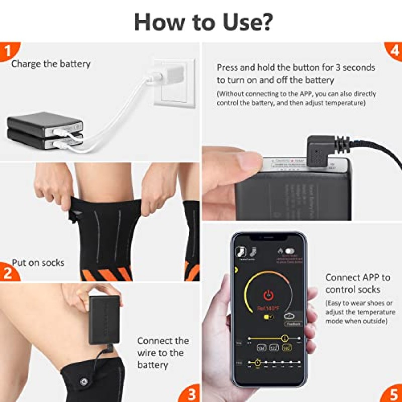 남성 여성용 가열 양말, 5V/5000mAh 배터리 구동 충전식 전기 가열 양말, APP 원격 제어 기능이 있는 전기 가열 양말, 겨울 스키 야외 사냥용