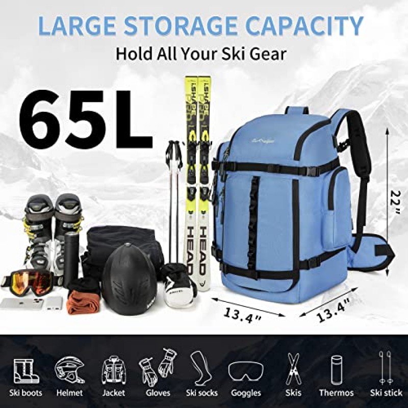 65L 스키 부츠 가방, 대형 더플 여행 가방, 1680D 나일론 방수 패딩 스키 부츠 가방 여성용 남성용 키즈 상점 스노우 보드/스키 마스크 자켓 장갑 헬멧 고글 신발과 같은 스노우 스포츠 장비