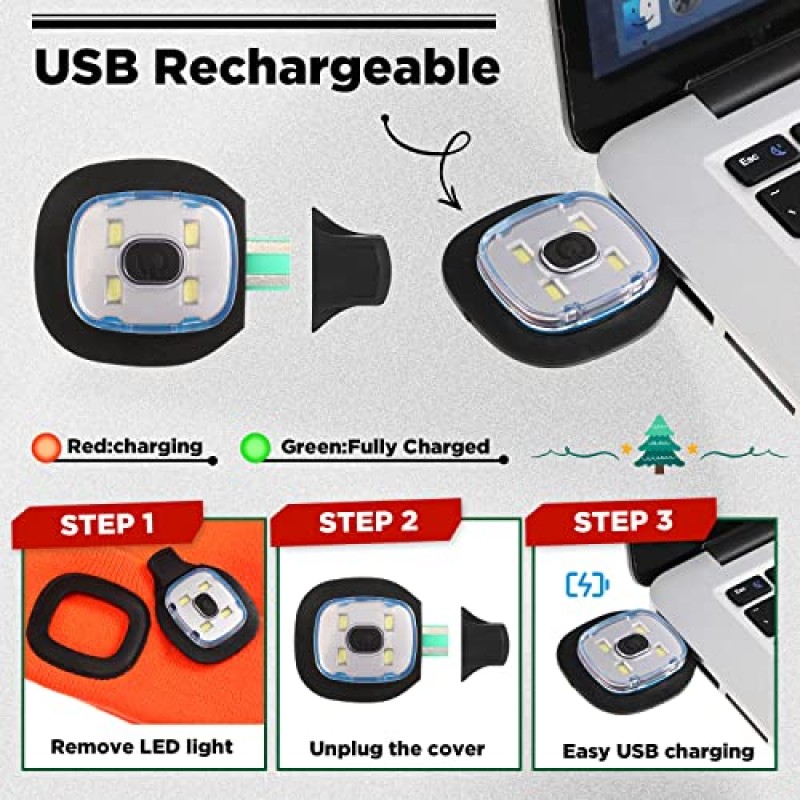 12 Pcs LED 비니 모자 어린이를위한 빛 손전등 비니 모자 남여 어린이 야간 조명 모자 겨울 니트 헤드 라이트 모자 USB 충전식 어린이 비니 겨울 선물 소년 소녀 사냥 캠핑