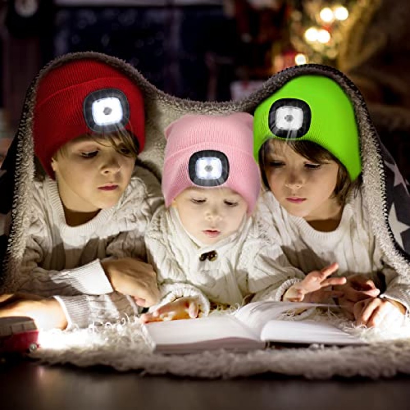 12 Pcs LED 비니 모자 어린이를위한 빛 손전등 비니 모자 남여 어린이 야간 조명 모자 겨울 니트 헤드 라이트 모자 USB 충전식 어린이 비니 겨울 선물 소년 소녀 사냥 캠핑