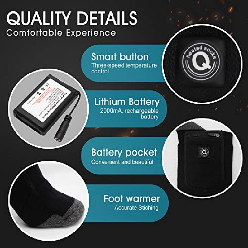 QILOVE 배터리 가열 양말 충전식 전기 양말, 남성 여성을위한 7.4V 2200mAh 배터리 구동 추운 날씨 열 양말, 야외 라이딩 캠핑 하이킹 오토바이 스키 따뜻한 겨울 양말
