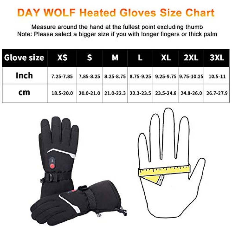 day Wolf 남성용 여성용 가열 장갑 업그레이드, 방수 및 터치 스크린 7.4V 2200mAh 충전식 전기 장갑 스키, 스노우보드, 스케이트, 캠핑 하이킹 달리기용 손 따뜻하게