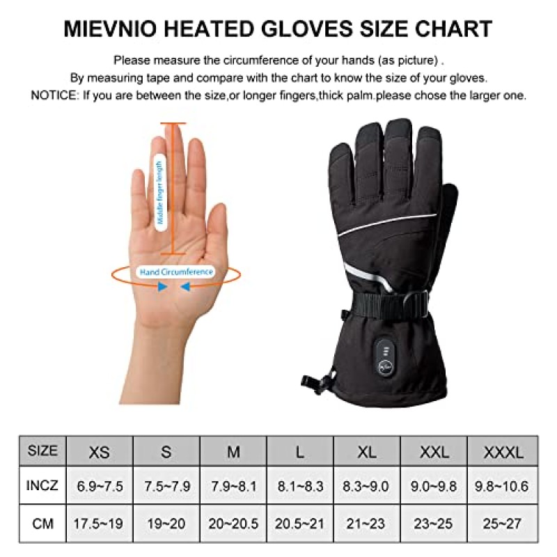 MIEVNIO 가열 장갑 - 충전식 배터리 전기 가열 남성용 여성용 장갑, 방수 보온 장갑 눈 겨울 야외 사이클링, 오토바이, 하이킹 및 스키,블랙