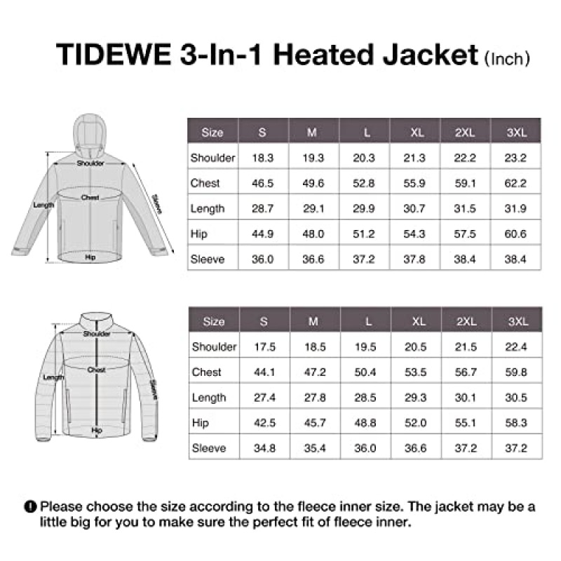 TIDEWE 남성용 가열 재킷 3-in-1(후드 및 배터리 팩 포함), 사냥, 스키용 가열 코트