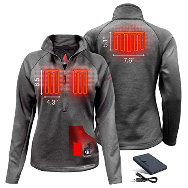 The Warming Store ActionHeat 5V 배터리 가열 1/2 지퍼 풀오버 ​​셔츠 여성용, 3존 가열, 터치 버튼 기술