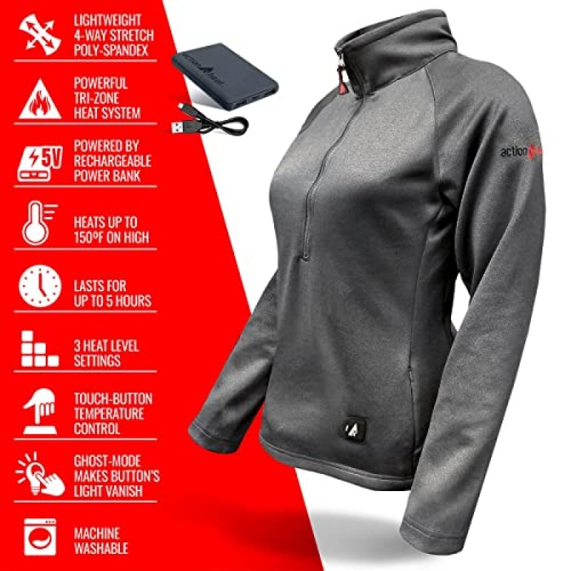 The Warming Store ActionHeat 5V 배터리 가열 1/2 지퍼 풀오버 ​​셔츠 여성용, 3존 가열, 터치 버튼 기술