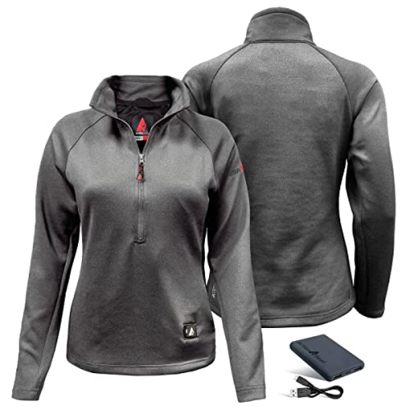 The Warming Store ActionHeat 5V 배터리 가열 1/2 지퍼 풀오버 ​​셔츠 여성용, 3존 가열, 터치 버튼 기술