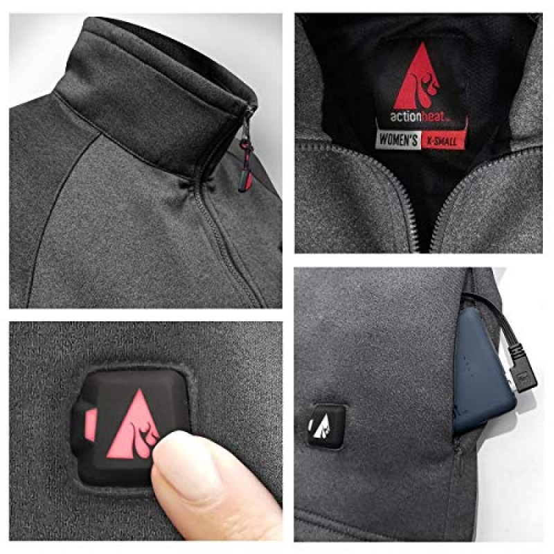 The Warming Store ActionHeat 5V 배터리 가열 1/2 지퍼 풀오버 ​​셔츠 여성용, 3존 가열, 터치 버튼 기술