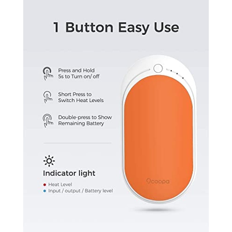 OCOOPA 2팩 손난로 충전식, 5200mAh 전기 휴대용 포켓 히터, 118s, 주황색 및 파란색