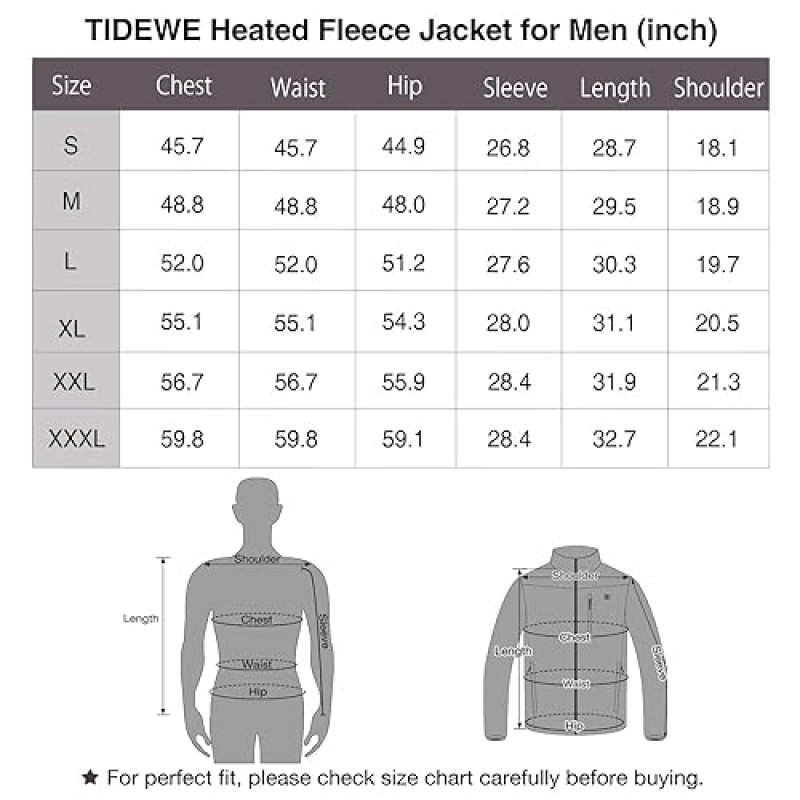 TIDEWE 남성용 가열 재킷 플리스(배터리 팩 포함), 사냥용 충전식 코트(블랙, 카모, 사이즈 S-XXXL)