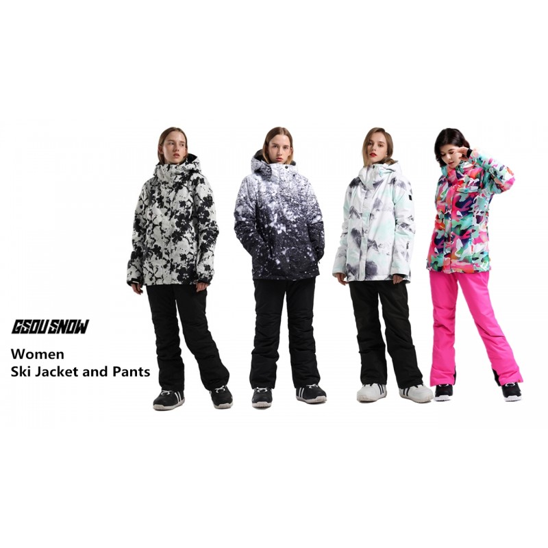 GSOU SNOW 스키 세트 여성용 스키 재킷 및 바지 Snowsuit 스노우 보드 코트 복장 따뜻한 후드 방수 방풍 절연