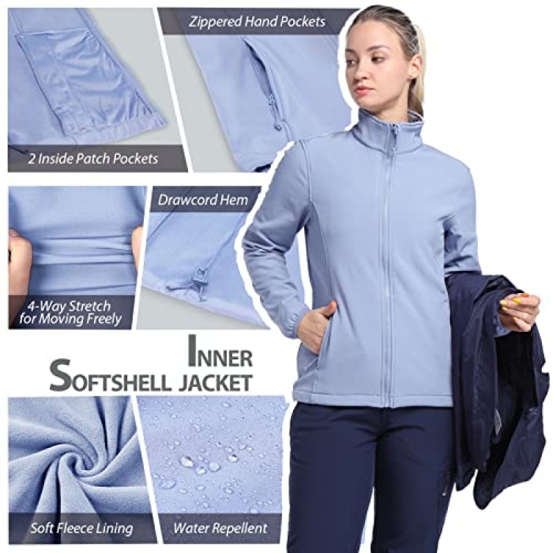 33,000ft 여성용 3 in 1 후드 방수 코트 겨울 스키 하이킹 레인 재킷 Softshell Fleece Lined Raincoat Windbreaker