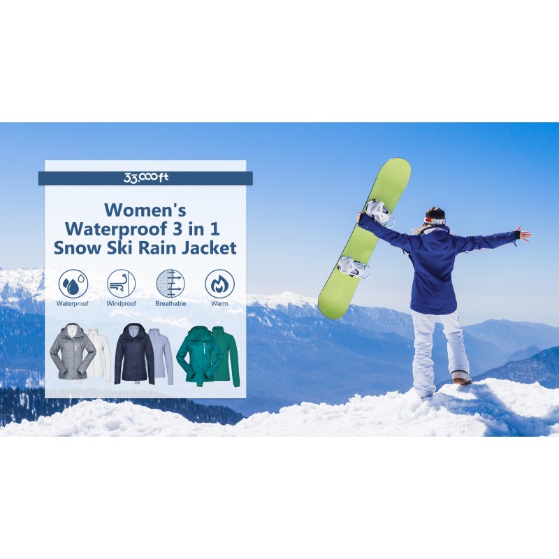 33,000ft 여성용 3 in 1 후드 방수 코트 겨울 스키 하이킹 레인 재킷 Softshell Fleece Lined Raincoat Windbreaker