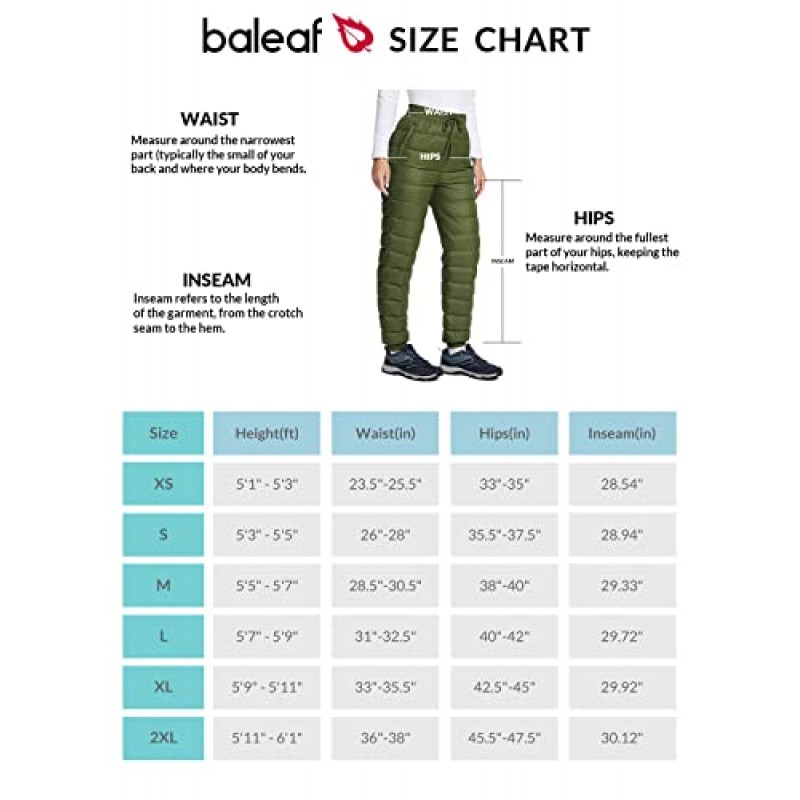 BALEAF 여성용 다운 팬츠 겨울 초경량 방수 스키 스노우 퍼퍼 팬츠 Packable Warm Trousers