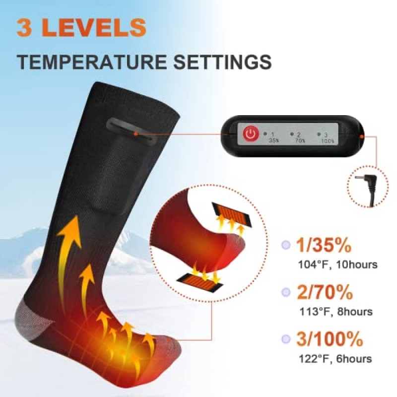 Flyhare 가열 양말, 전기 가열 양말, 4000mAh 발 따뜻하게 가열 양말, 3 단계 설정 가열 양말, 충전식 가열 면 양말, 발 따뜻한 양말