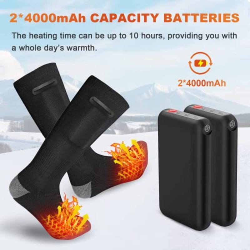 Flyhare 가열 양말, 전기 가열 양말, 4000mAh 발 따뜻하게 가열 양말, 3 단계 설정 가열 양말, 충전식 가열 면 양말, 발 따뜻한 양말