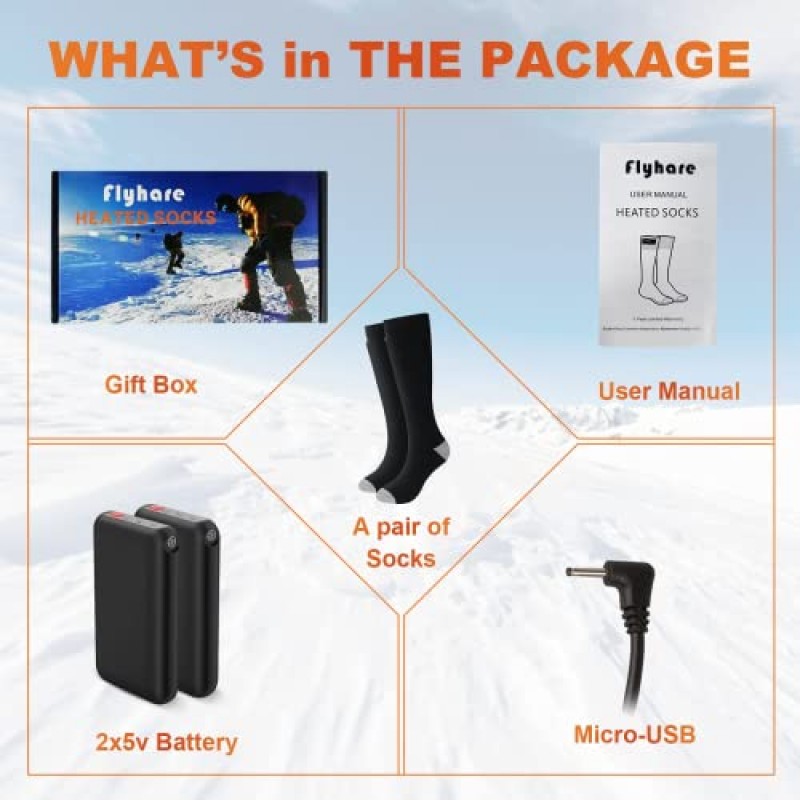 Flyhare 가열 양말, 전기 가열 양말, 4000mAh 발 따뜻하게 가열 양말, 3 단계 설정 가열 양말, 충전식 가열 면 양말, 발 따뜻한 양말