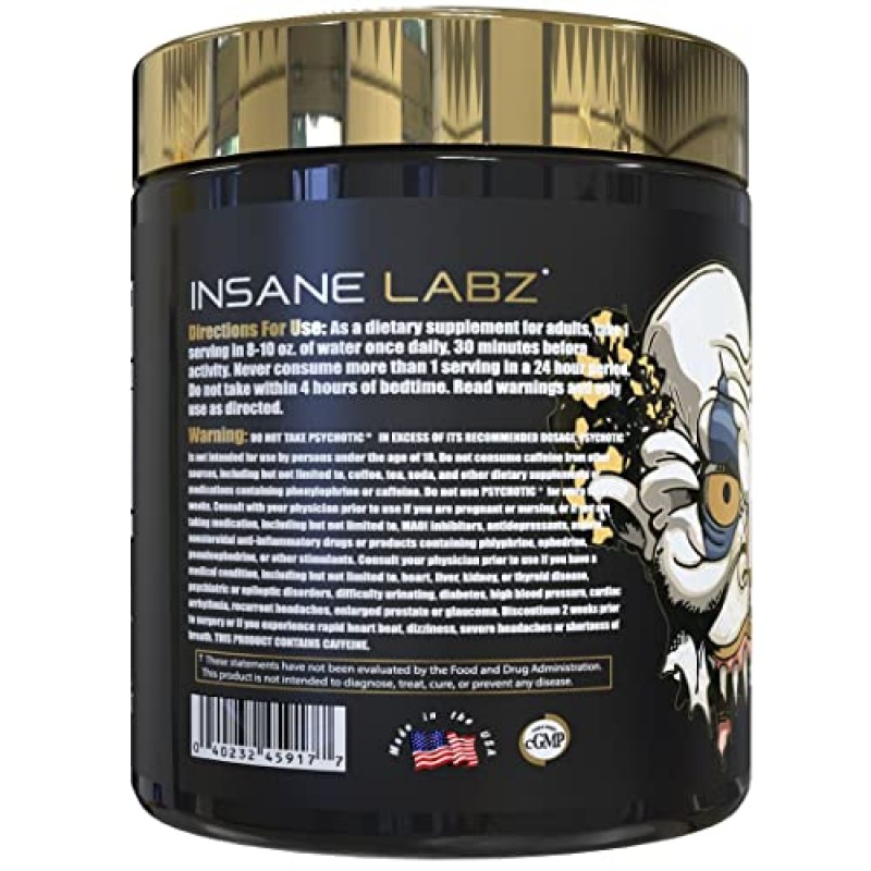 Insane Labz 사이코틱 골드, 고자극제 운동 전 파우더, 극도로 지속되는 에너지, 집중력, 펌프 및 지구력(베타 알라닌 포함), DMAE 중타르트레이트, 부스터 없음