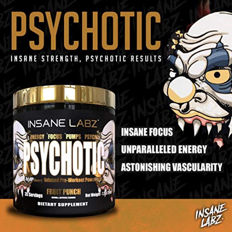Insane Labz 사이코틱 골드, 고자극제 운동 전 파우더, 극도로 지속되는 에너지, 집중력, 펌프 및 지구력(베타 알라닌 포함), DMAE 중타르트레이트, 부스터 없음