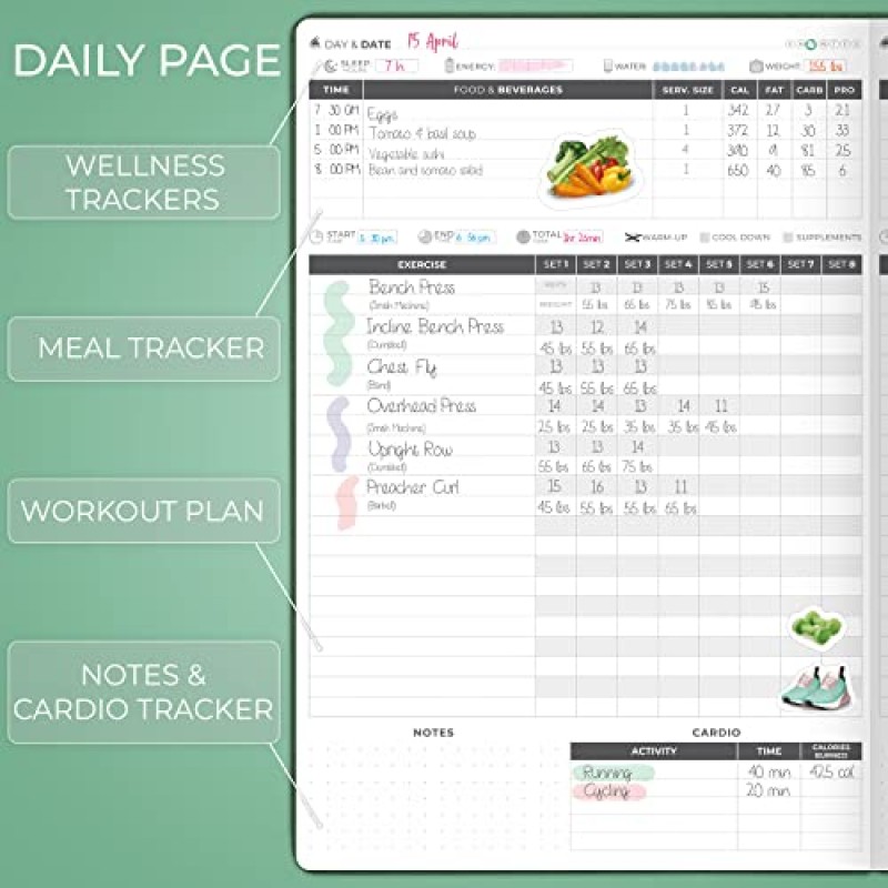 Clever Fox Fitness Journal PRO – 식사 플래너 및 습관 추적기가 포함된 일일 운동 플래너 – 여성 및 남성을 위한 체육관 운동 일지 – 피트니스 플래너 노트 – 6개월 지속, 7x10인치 - 포레스트 그린