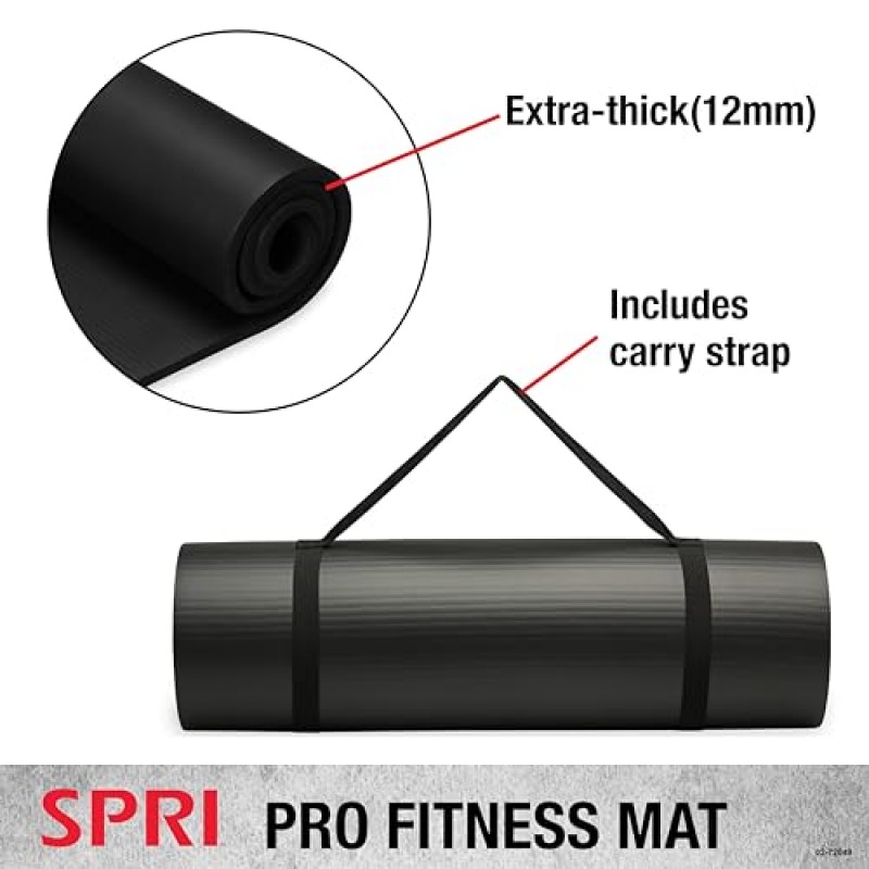 SPRI 12mm 프로 피트니스 매트 - 바닥 운동, 윗몸일으키기, 팔굽혀펴기, 스트레칭, 토닝 및 일반 피트니스를 위한 두꺼운 운동 매트 - 미끄럼 방지 질감, 쿠션형, 운반용 스트랩이 있는 휴대용 롤링 매트