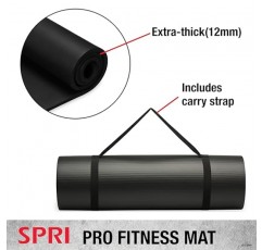 SPRI 12mm 프로 피트니스 매트 - 바닥 운동, 윗몸일으키기, 팔굽혀펴기, 스트레칭, 토닝 및 일반 피트니스를 위한 두꺼운 운동 매트 - 미끄럼 방지 질감, 쿠션형, 운반용 스트랩이 있는 휴대용 롤링 매트