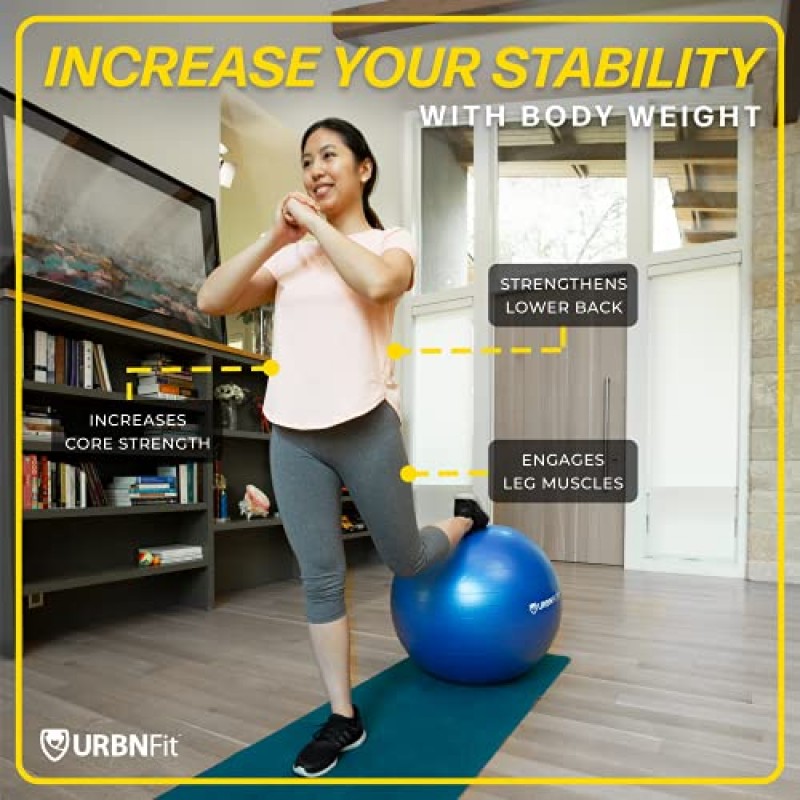 URBNFit 운동 공 - 운동 임신 안정을 위한 요가 공 - 펌프가 있는 안티버스트 스위스 밸런스 공 - 사무실, 홈 체육관용 피트니스 볼 의자