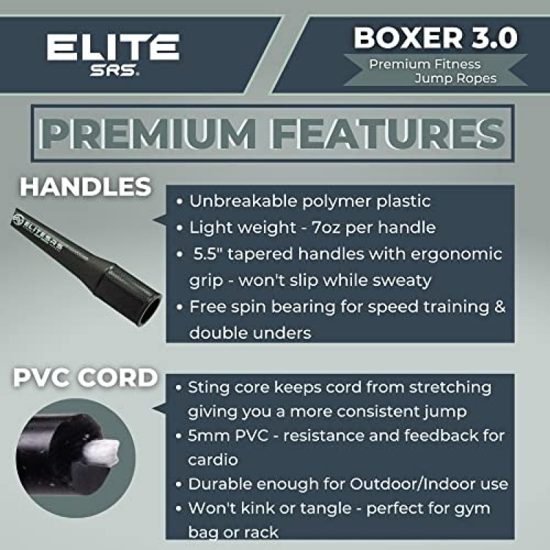 Elitesrs Boxer 3.0 피트니스 및 심장 훈련을 위한 복싱 줄넘기 - 전문적으로 설계된 전신 운동 줄넘기 - 엉키지 않는 5mm PVC 줄넘기 코드 - 슬림 바디 에어로빅 운동에 이상적