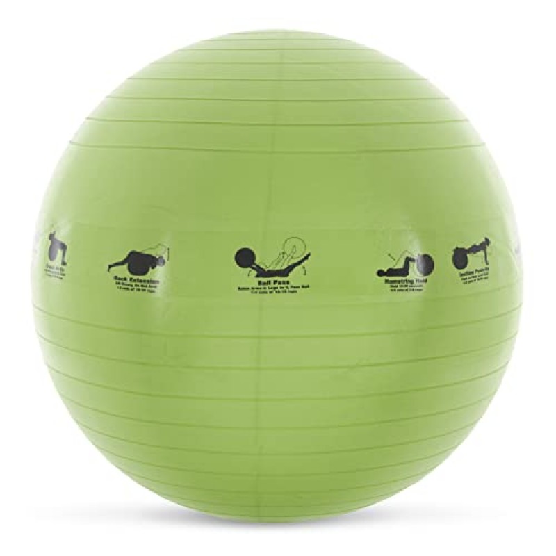 Prism Fitness 65cm, Green Smart Self-Guided Stability Ball – 운동, 요가, 필라테스, 사무용 볼 체어 등을 위한 운동 공, 쉽게 참조할 수 있도록 공에 인쇄된 13가지 운동