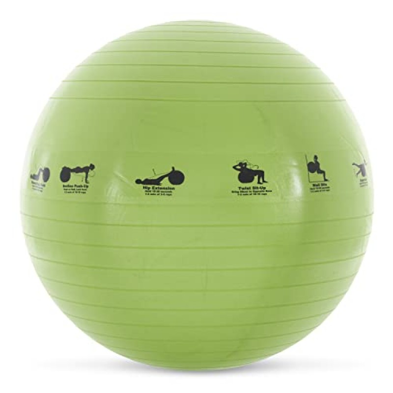 Prism Fitness 65cm, Green Smart Self-Guided Stability Ball – 운동, 요가, 필라테스, 사무용 볼 체어 등을 위한 운동 공, 쉽게 참조할 수 있도록 공에 인쇄된 13가지 운동