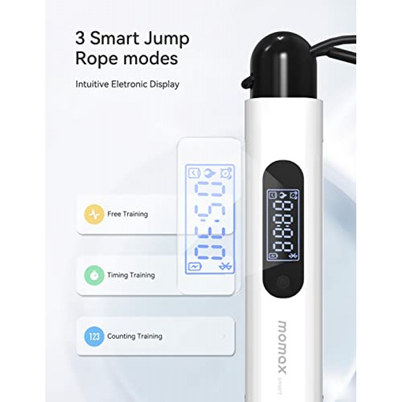 피트니스용 Momax 스마트 줄넘기, 앱이 포함된 무선 줄넘기, 카운터가 있는 조절 가능한 운동 줄넘기, 남성 여성 어린이를 위한 디지털 줄넘기, 실내 실외 홈 체육관 운동, 스마트 홉