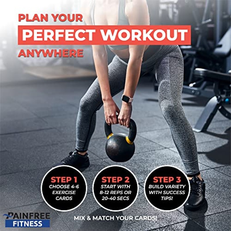 (50개 이상의 카드) Kettlebell 기초 플래시카드 통증 없는 피트니스, 3x5인치, 안전한 파워 트레이닝, 근력 트레이닝, 찢어짐 방지, 굽힘 방지 플래시카드에 적합한 운동 카드