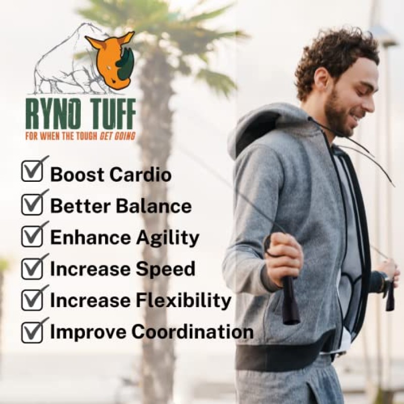 Ryno Tuff Classic 10피트 스틸 케이블 스피드 로프(남성 및 여성용) - 심장 강화 훈련, MMA, 복싱, 피트니스 훈련을 위한 조절 가능한 줄넘기 - 가정, 체육관 및 야외 운동을 위한 훌륭한 운동 장비