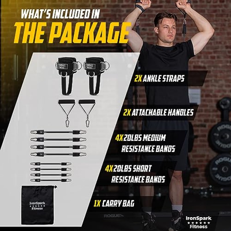 IronSpark Fitness 케이블 머신, 홈 트레이닝 및 체육관 케이블 부착용 5점 다목적 발목 스트랩 - 커프가 있는 20파운드 저항 밴드 - 다리 확장, 킥백, 둔근, 전신 운동
