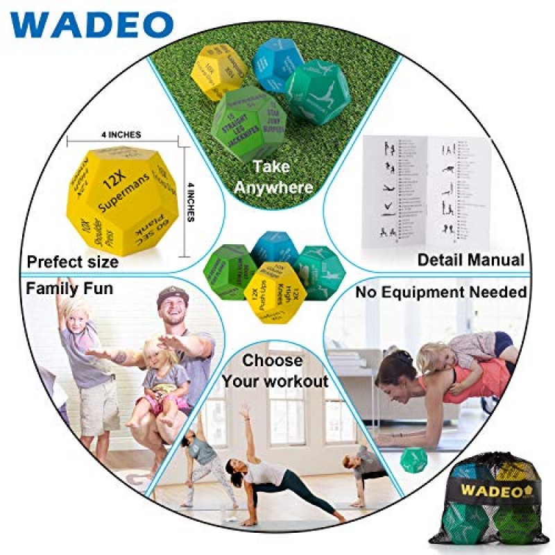 운동 주사위, 홈 체육관용 WADEO 4개 운동 주사위, 체중 운동, 근력 운동, 유산소 운동, HIIT 운동, 요가, 메시 백 및 일러스트레이션이 포함된 12면 피트니스 주사위