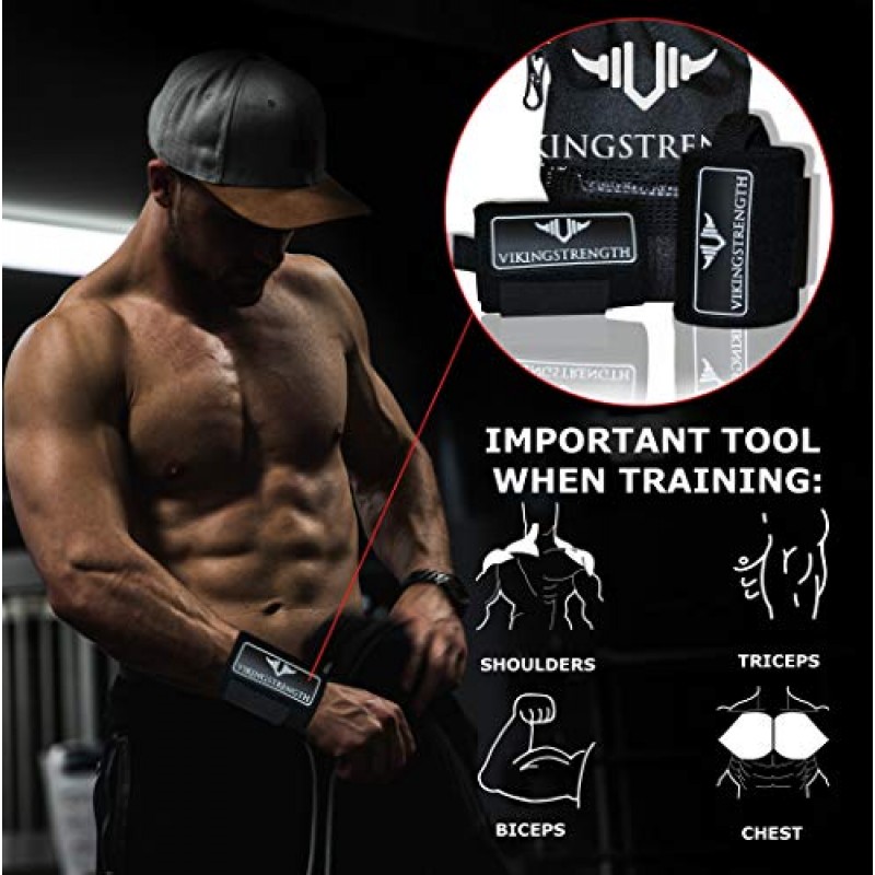 역도, 크로스핏, 보디빌딩 및 피트니스를 위한 VIKINGSTRENGTH 손목 보호대 지원. 통증 완화 및 회복을 위한 손목 랩. 남성 및 여성용 손목 스트랩 + V-Strength 운동 앱