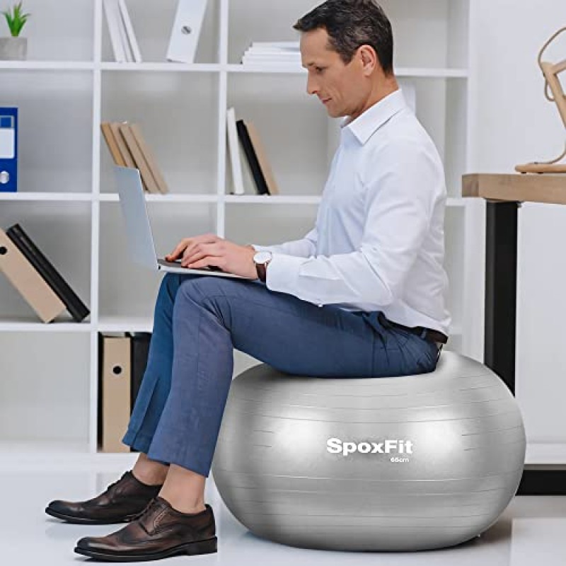 SpoxFit 운동 공, 65cm 파열 방지 요가 공, 출산 및 코어 근력 훈련을 위한 안정성 피트니스 공, 빠른 펌프 및 운동 포스터 포함