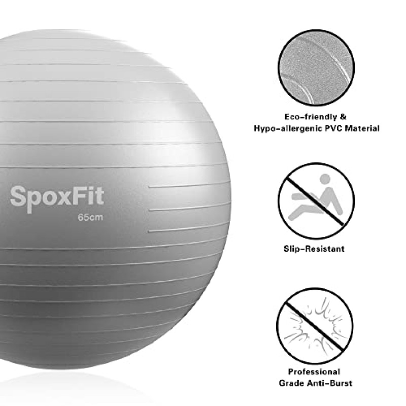 SpoxFit 운동 공, 65cm 파열 방지 요가 공, 출산 및 코어 근력 훈련을 위한 안정성 피트니스 공, 빠른 펌프 및 운동 포스터 포함